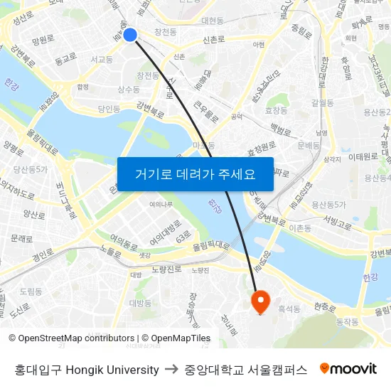 홍대입구 Hongik University to 중앙대학교 서울캠퍼스 map