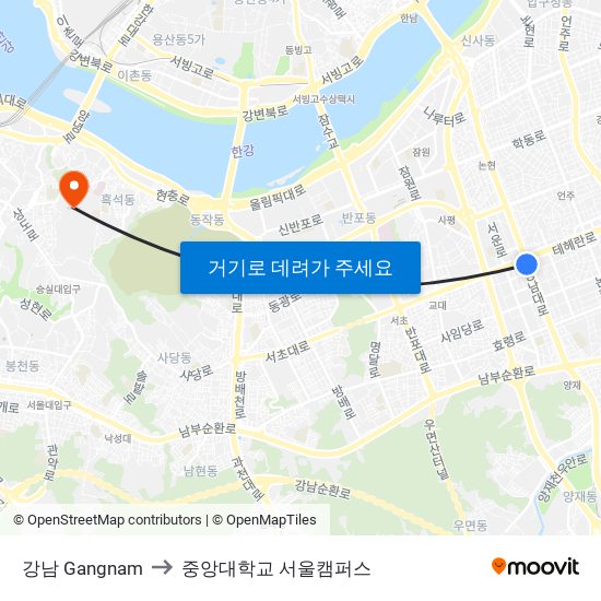 강남 Gangnam to 중앙대학교 서울캠퍼스 map