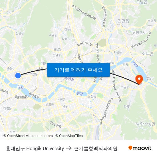 홍대입구 Hongik University to 큰기쁨항맥외과의원 map