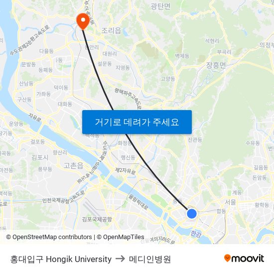 홍대입구 Hongik University to 메디인병원 map