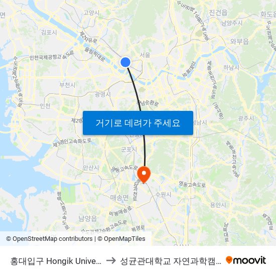 홍대입구 Hongik University to 성균관대학교 자연과학캠퍼스 map