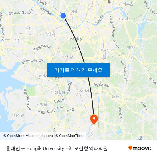 홍대입구 Hongik University to 오산항외과의원 map