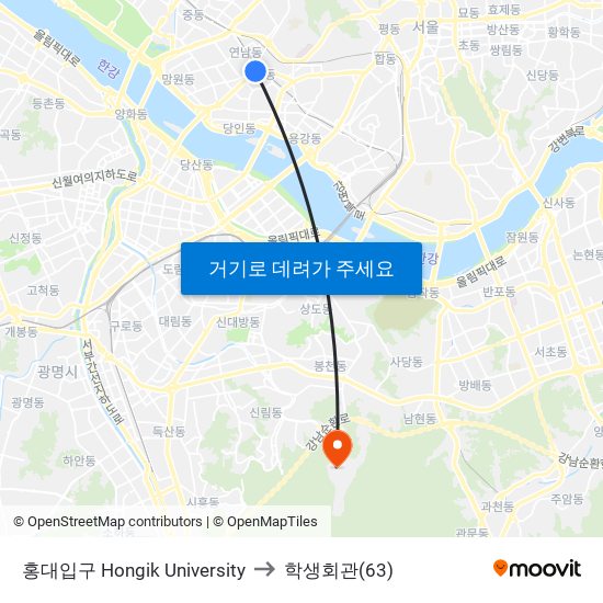 홍대입구 Hongik University to 학생회관(63) map