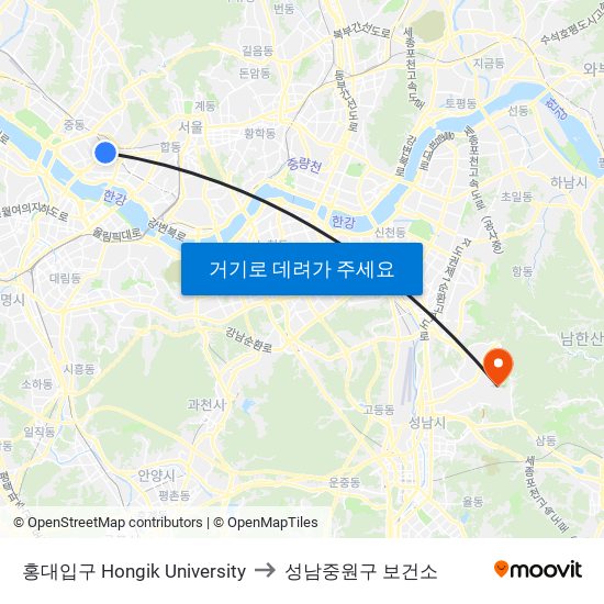 홍대입구 Hongik University to 성남중원구 보건소 map