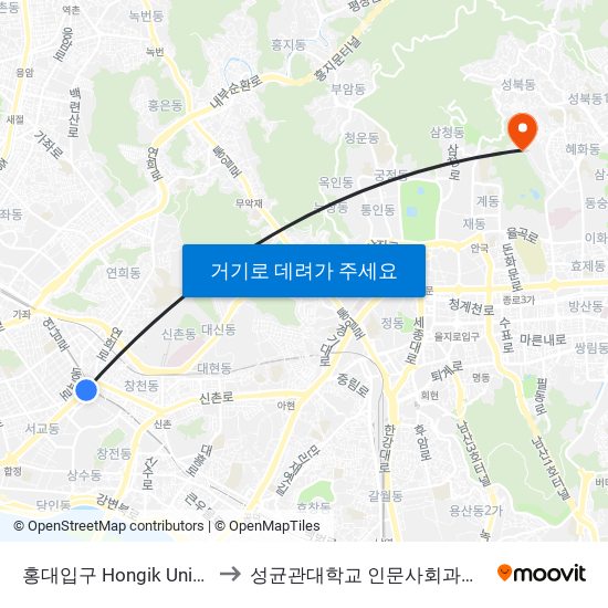 홍대입구 Hongik University to 성균관대학교 인문사회과학캠퍼스 map