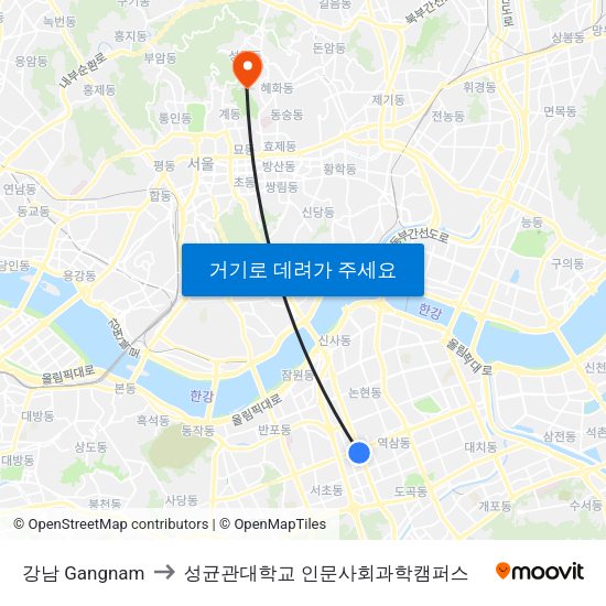 강남 Gangnam to 성균관대학교 인문사회과학캠퍼스 map