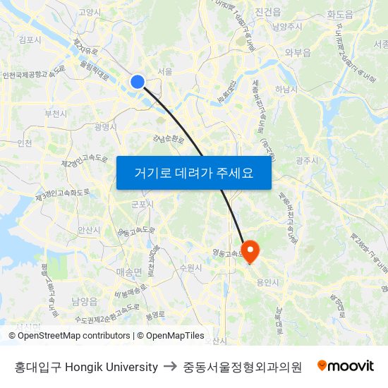 홍대입구 Hongik University to 중동서울정형외과의원 map