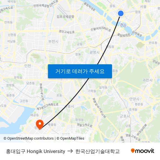 홍대입구 Hongik University to 한국산업기술대학교 map