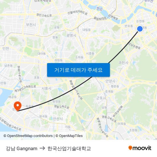 강남 Gangnam to 한국산업기술대학교 map