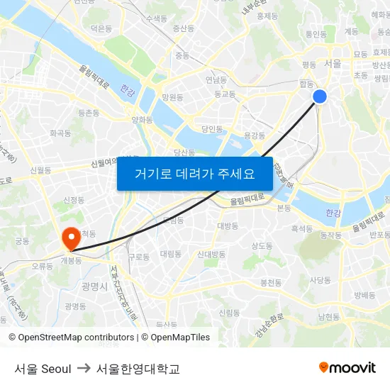 서울 Seoul to 서울한영대학교 map