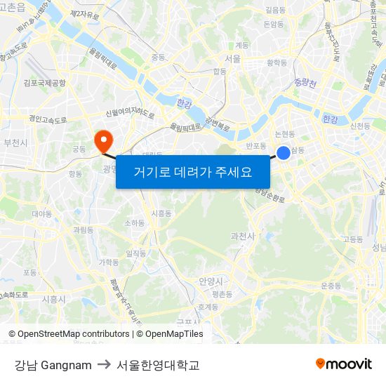 강남 Gangnam to 서울한영대학교 map