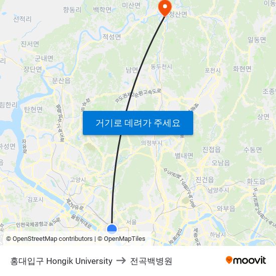 홍대입구 Hongik University to 전곡백병원 map