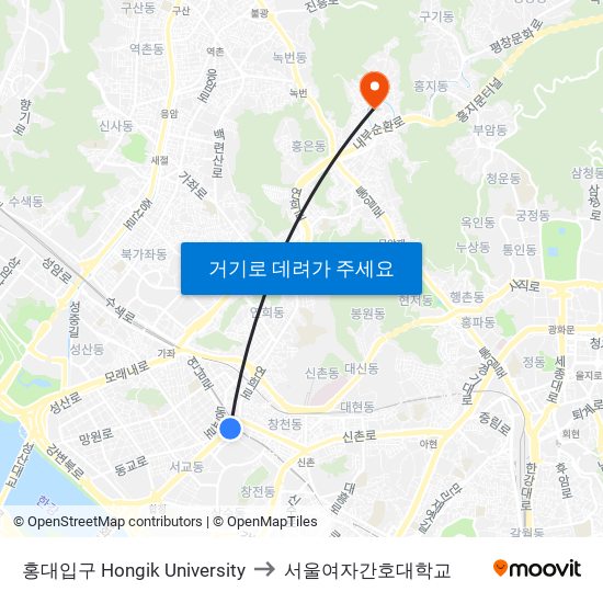 홍대입구 Hongik University to 서울여자간호대학교 map