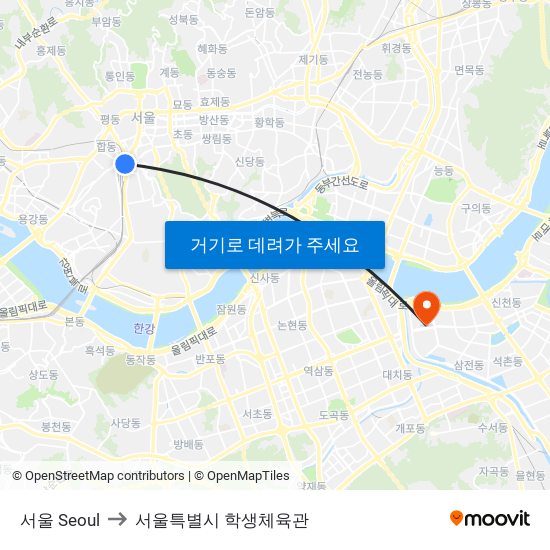 서울 Seoul to 서울특별시 학생체육관 map