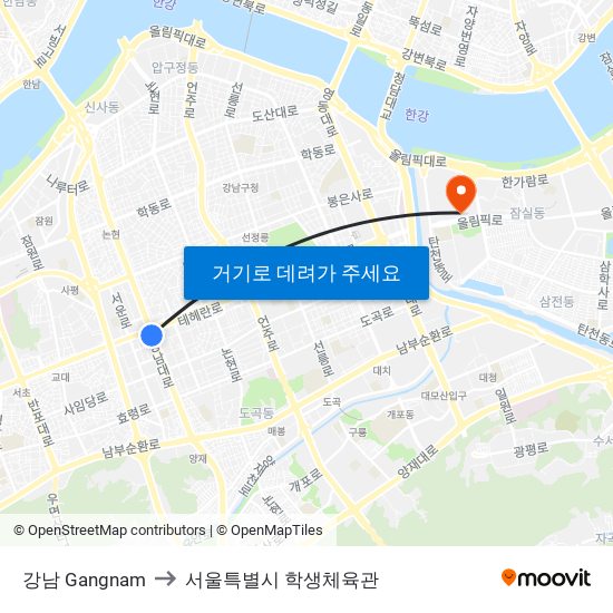 강남 Gangnam to 서울특별시 학생체육관 map