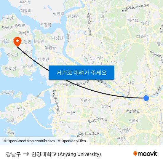 강남구 to 안양대학교 (Anyang University) map