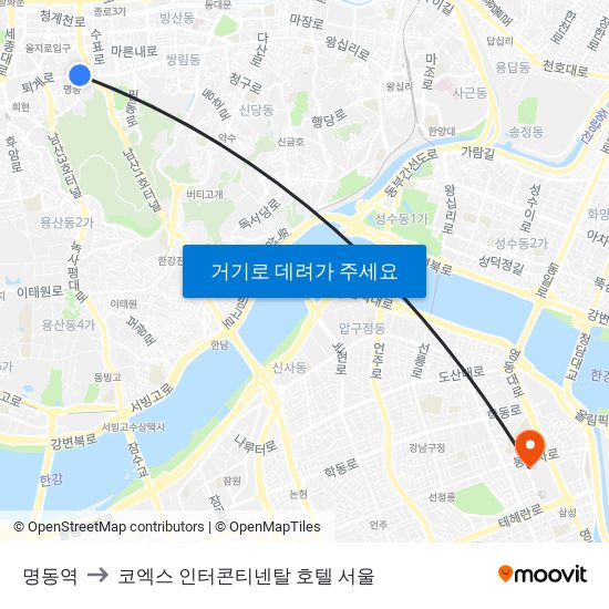 명동역 to 코엑스 인터콘티넨탈 호텔 서울 map