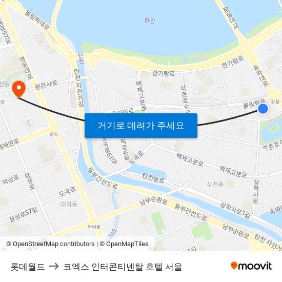 롯데월드 to 코엑스 인터콘티넨탈 호텔 서울 map
