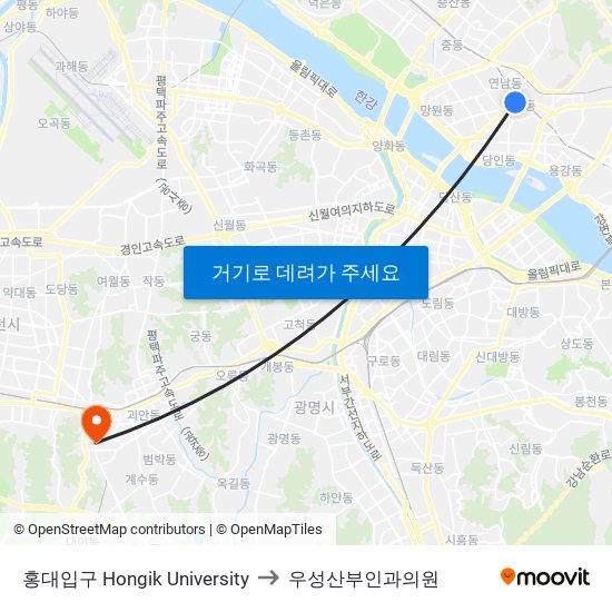 홍대입구 Hongik University to 우성산부인과의원 map