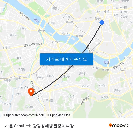 서울 Seoul to 광명성애병원장례식장 map