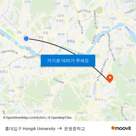 홍대입구 Hongik University to 문원중학교 map
