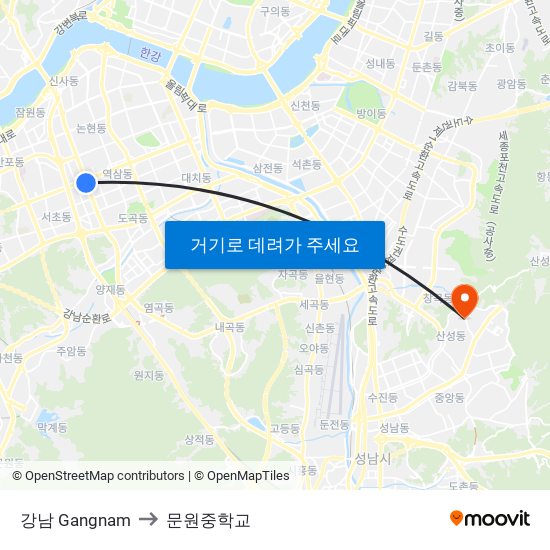 강남 Gangnam to 문원중학교 map