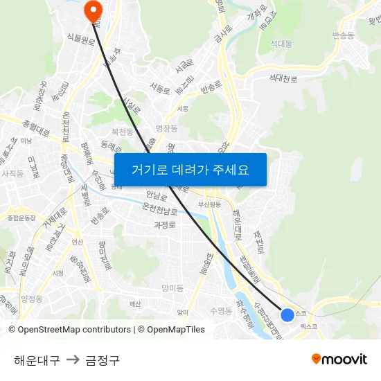 해운대구 to 금정구 map