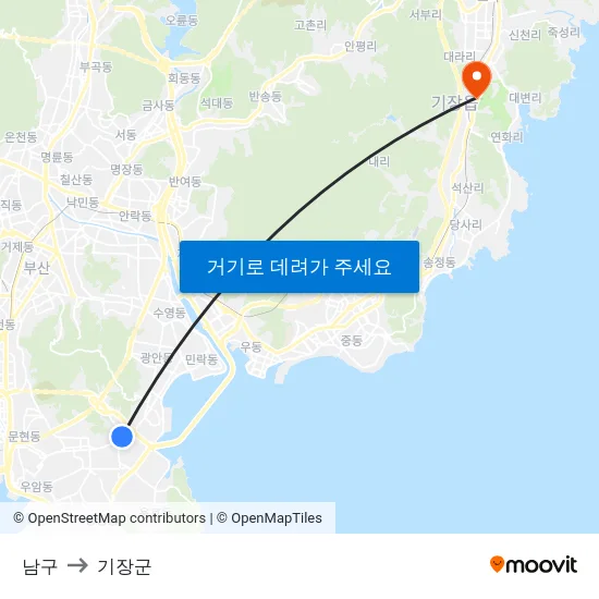남구 to 기장군 map