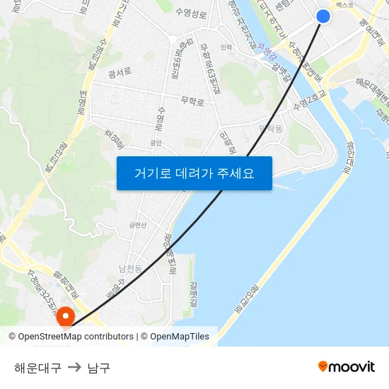 해운대구 to 남구 map