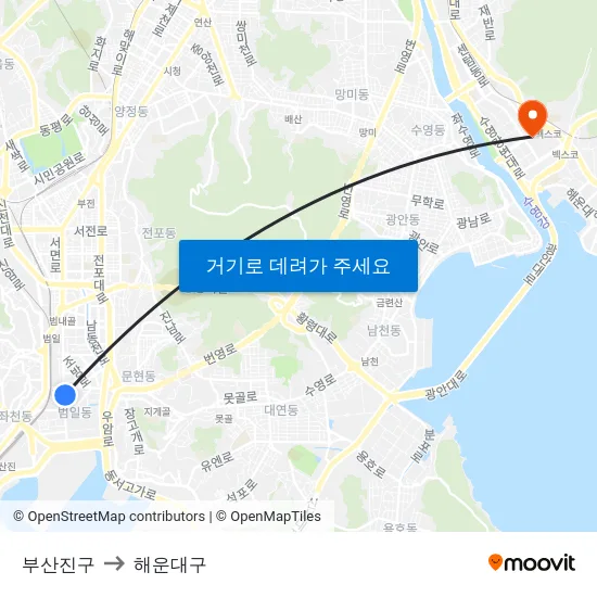 부산진구 to 해운대구 map