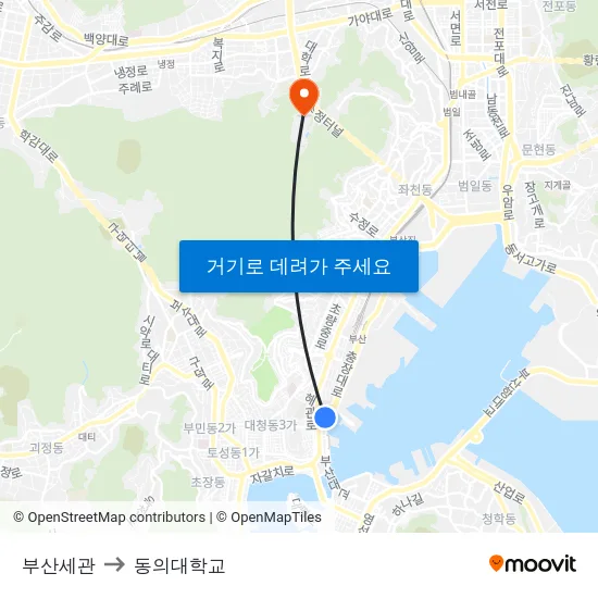 부산세관 to 동의대학교 map