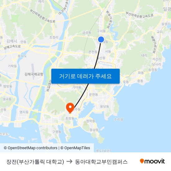 장전(부산가톨릭 대학교) to 동아대학교부민캠퍼스 map