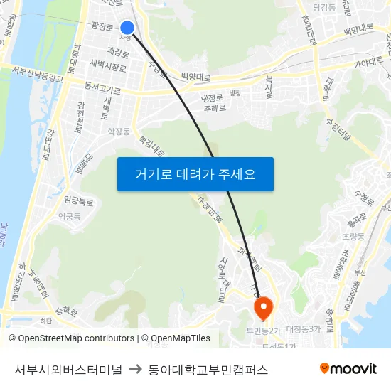 서부시외버스터미널 to 동아대학교부민캠퍼스 map
