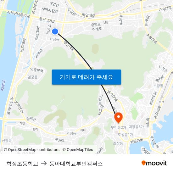 학장초등학교 to 동아대학교부민캠퍼스 map