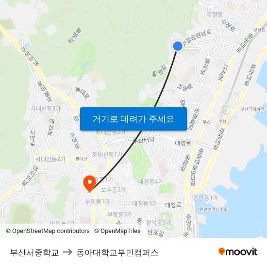 부산서중학교 to 동아대학교부민캠퍼스 map