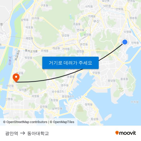 광안역 to 동아대학교 map