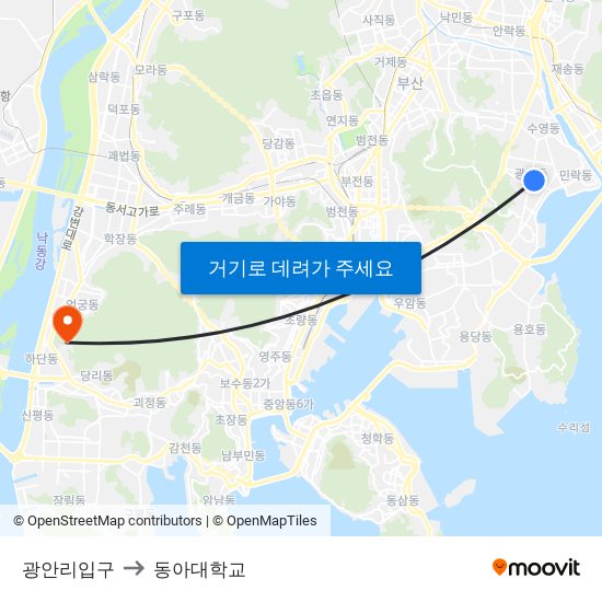 광안리입구 to 동아대학교 map