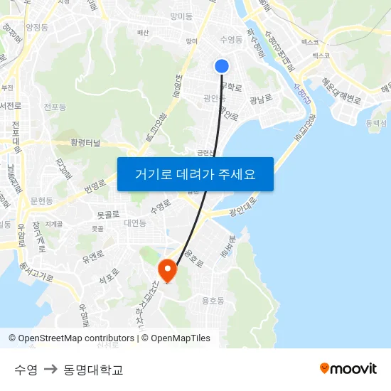 수영 to 동명대학교 map