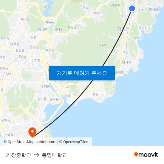 기장중학교 to 동명대학교 map
