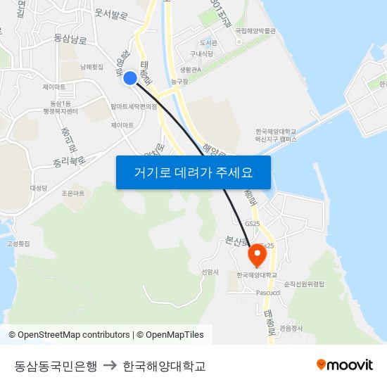 동삼동국민은행 to 한국해양대학교 map