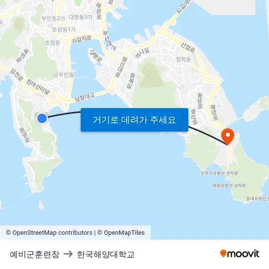 예비군훈련장 to 한국해양대학교 map