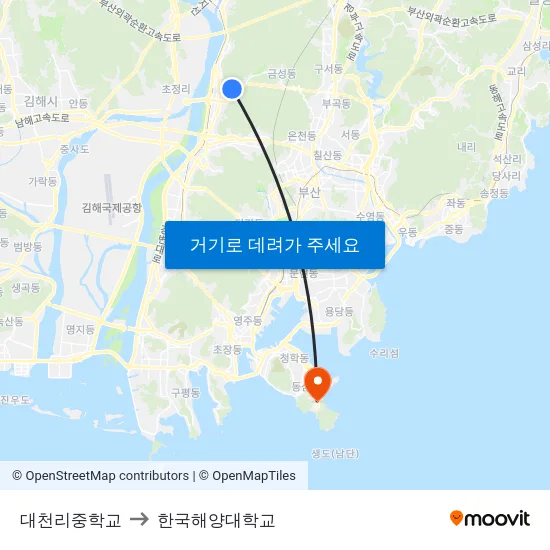 대천리중학교 to 한국해양대학교 map