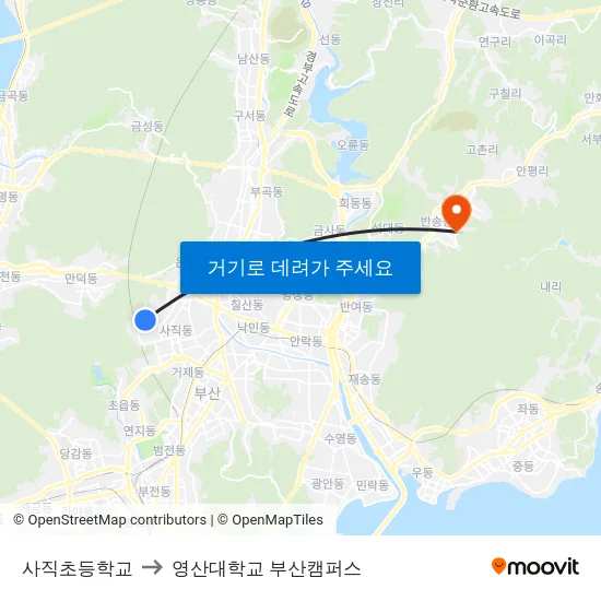 사직초등학교 to 영산대학교 부산캠퍼스 map