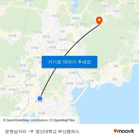 문현삼거리 to 영산대학교 부산캠퍼스 map