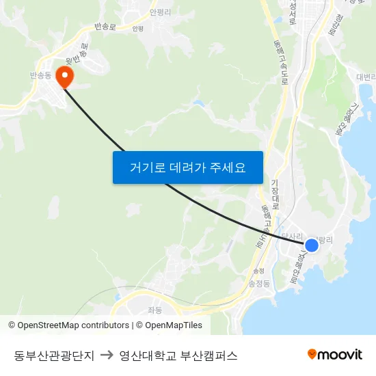 동부산관광단지 to 영산대학교 부산캠퍼스 map