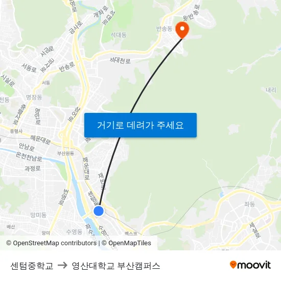 센텀중학교 to 영산대학교 부산캠퍼스 map