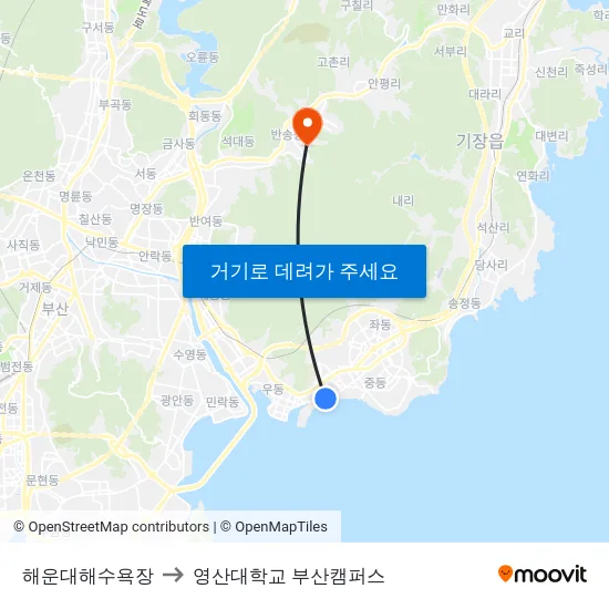 해운대해수욕장 to 영산대학교 부산캠퍼스 map