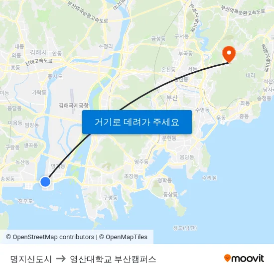 명지신도시 to 영산대학교 부산캠퍼스 map
