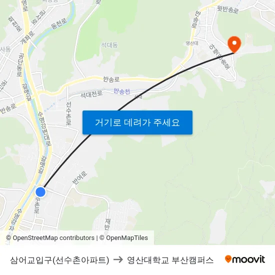 삼어교입구(선수촌아파트) to 영산대학교 부산캠퍼스 map