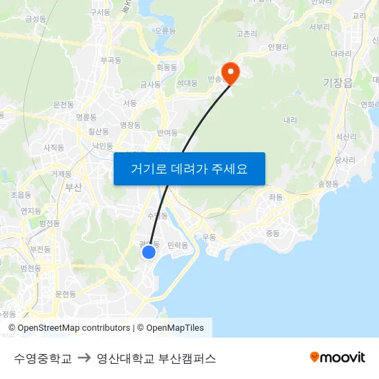 수영중학교 to 영산대학교 부산캠퍼스 map